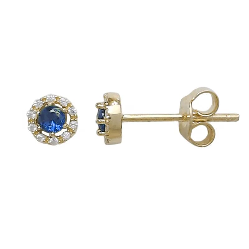 Χρυσά σκουλαρίκια ροζέτα στρόγγυλη με μπλε και λευκές πέτρες